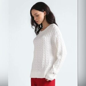 Tommy Hilfiger White Cable Knit Crew Neck Sweater